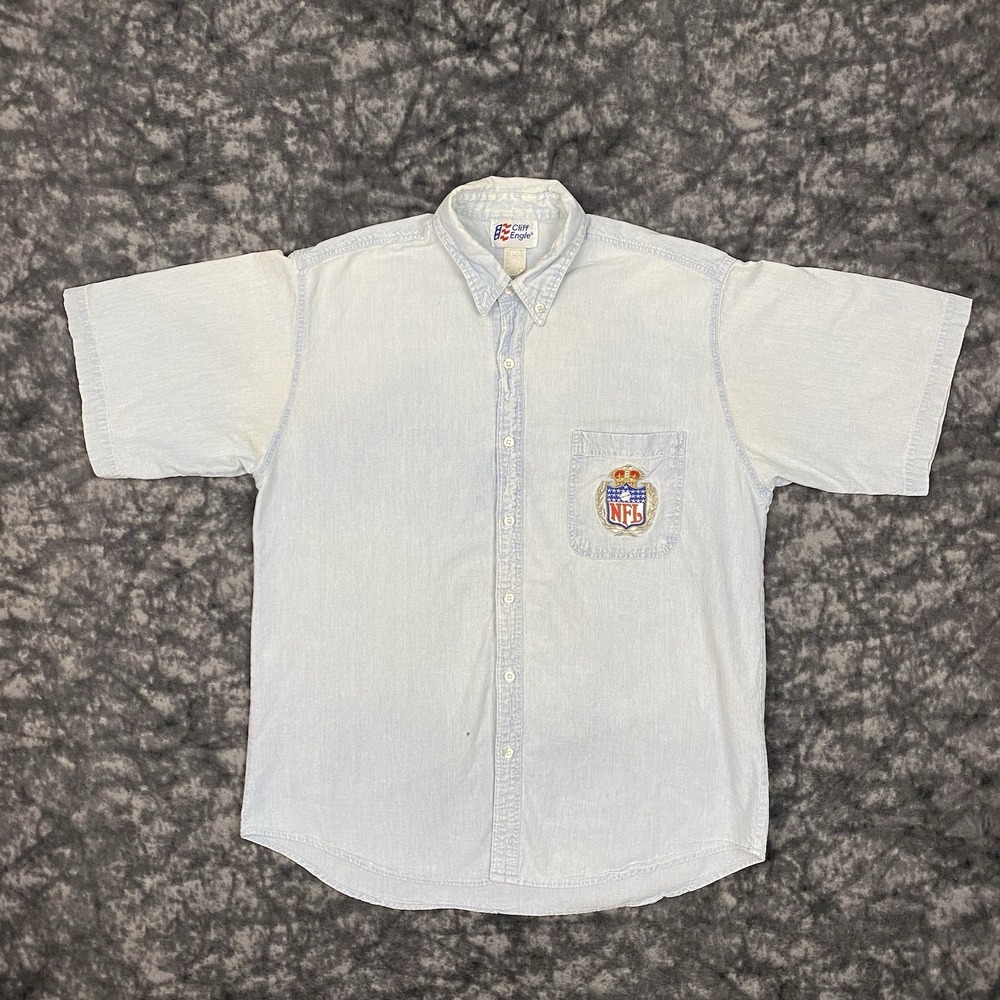 Vintage NFL Cliff Engle Button Down Shirt Mens L Denim Embroidered 90s Light